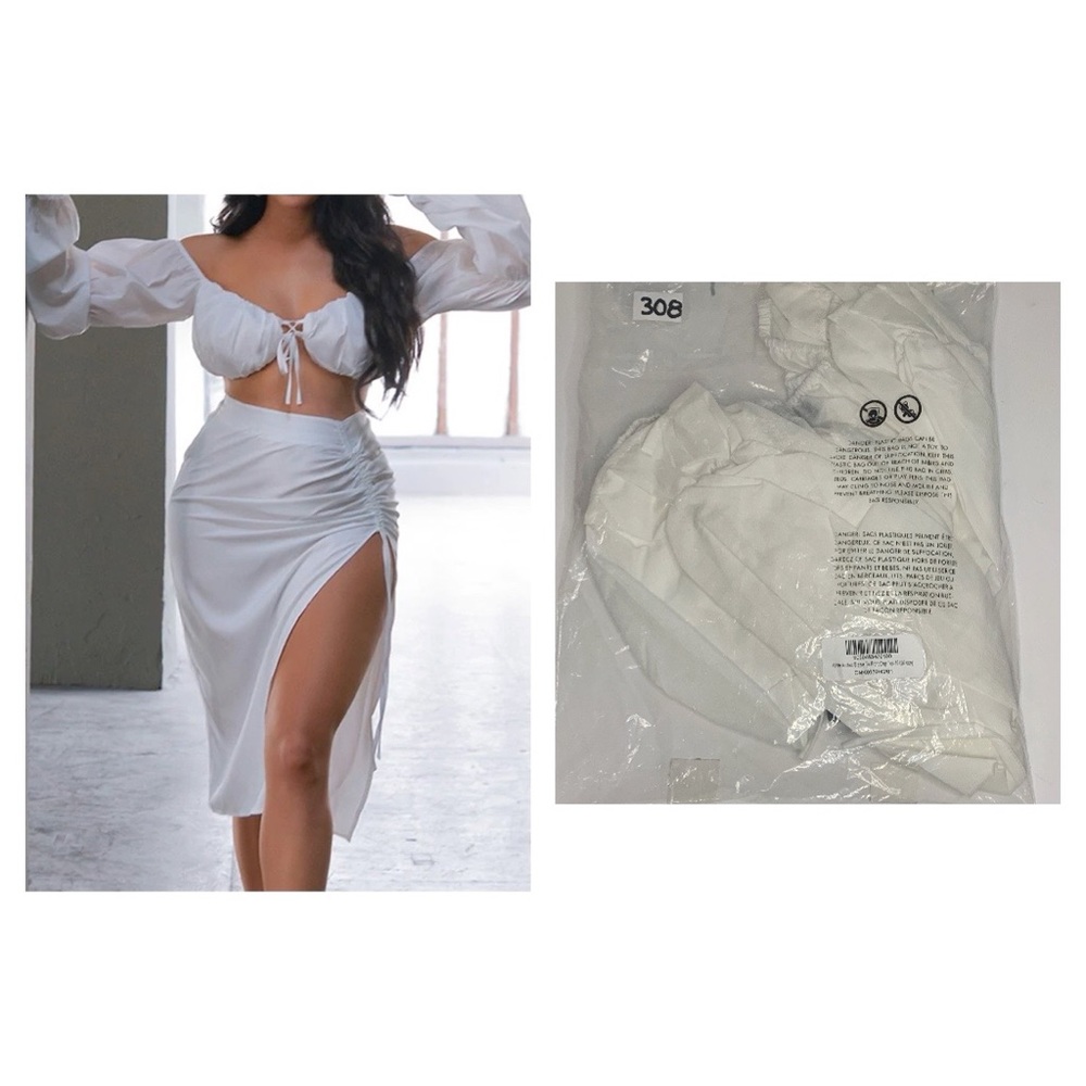 White Ruched Sleeve Tie Front Crop Top - Picture 1 of 7